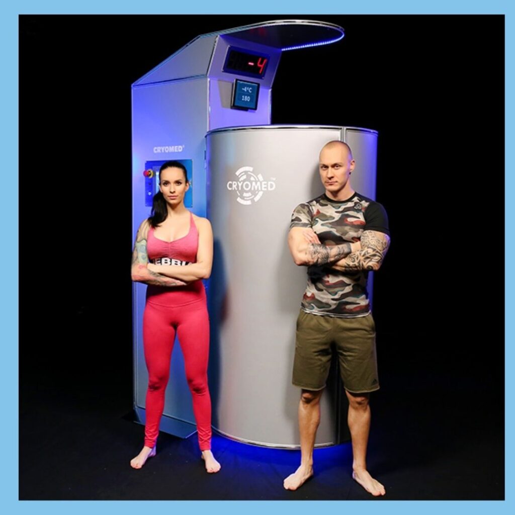 man and woman standing outside Cryo Relief cryochamber