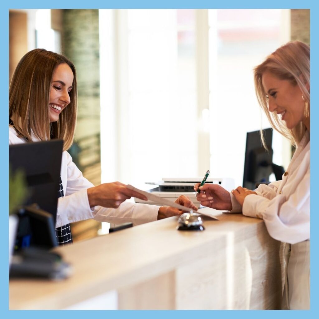 client signing up for services at wellness center